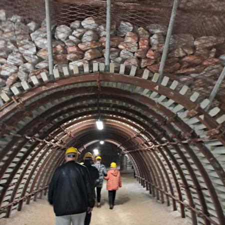 Wyświetl większy obrazek tunel nad którym znajdują się kamienie zabezpieczone metalową siatką. W tunelu spacerują osoby w kaskach.