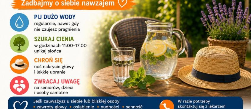 plakat z zasadami, jak bezpiecznie przetrwać upały
